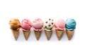 Assorted ice cream scoops with cones in row on white background. Colorful set of ice cream scoops. Generative AI Royalty Free Stock Photo