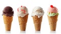 Assorted ice cream scoops in waffle cones, isolated on white background. created with Generative AI Royalty Free Stock Photo