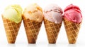 Assorted ice cream in sugar cones on white background. generative ai Royalty Free Stock Photo