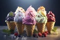 Assorted ice cream waffle cones in a row colorful different flavor. Royalty Free Stock Photo