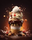 Assorted ice cream in a waffle cup with a chocolate and caramel splash on a dark background. Generative AI Royalty Free Stock Photo
