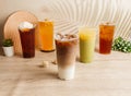 Assorted iced tea Coffee Milk, Green Tea Polyphenols, Ice Cream Black Tea, Ancient Winter Melon, Pineapple served in disposable