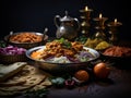 Assorted indian food on black background. Indian cuisine. Assortment of food. Salad, avocado, quail, mushrooms, pumpkin. Bowl with