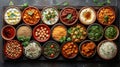 Assorted Indian food in bowl or plate includes Chicken Tikka Masala, Dal Makhana, Palak Paneer, Chickpea, Dry Fruits, Vegetables,