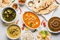 Indian lunch or dinner items like dal, paneer butter masala, roti, rice, salad Royalty Free Stock Photo