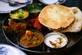 Assorted Indian food set in tray, tanduri chicken, naan bread, yoghurt, traditional curry, roti