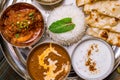 Assorted indian food set on wooden background. Dishes and appetisers of indeed cuisine, rice, lentils, paneer, samosa, spices, mas