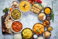 Assorted indian food on stone background. Dishes of indian cuisine Royalty Free Stock Photo