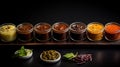 Assorted Indian pickles and chutneys arranged in perfect symmetry