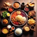 Assorted Indian Recipes with Spices and Rice on Wooden Table