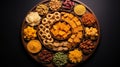 Assorted Indian snacks arranged in perfect symmetry