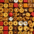 Assorted Indian sweets and cookies neatly arranged in a grid pattern. The selection