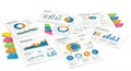 Assorted infographic sheets display data visualizations including bar graphs, pie Royalty Free Stock Photo