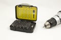 Assorted interchangeable bits and cordless drill Royalty Free Stock Photo