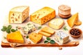 Assorted Italian cheeses on the board: parmesan, gorgonzola, cheddar, olives. Watercolor. Generated AI.