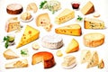 Assorted Italian cheeses on the board: parmesan, gorgonzola, cheddar, olives. Watercolor. Generated AI.