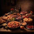 Assorted Italian food set. Delicious snack on party or picnic time. Table full of mediterranean appetizers Italian style.