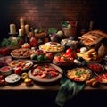 Assorted Italian food set. Delicious snack on party or picnic time. Table full of mediterranean appetizers Italian style.