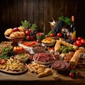 Assorted Italian food set. Table full of mediterranean appetizers Italian style. Royalty Free Stock Photo