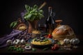 Assorted italian recipes food various on wooden table. Ai generated art