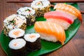 Assorted japanese sushi food. All you can eat menu. Maki and rolls with salmon, tuna and shrimp Royalty Free Stock Photo