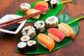 An assorted japanese sushi food. All you can eat menu. Maki and rolls with salmon, tuna and shrimp Royalty Free Stock Photo