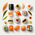 Assorted of Japanese sushi, nigiri and maki pieces isolated on white background. Ai generated art Royalty Free Stock Photo