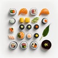 Assorted of Japanese sushi, nigiri and maki pieces isolated on white background. Ai generated art Royalty Free Stock Photo