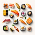 Assorted of Japanese sushi, nigiri and maki pieces isolated on white background. Ai generated art Royalty Free Stock Photo