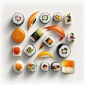 Assorted of Japanese sushi, nigiri and maki pieces isolated on white background. Ai generated art Royalty Free Stock Photo