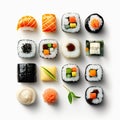 Assorted of Japanese sushi, nigiri and maki pieces isolated on white background. Ai generated art Royalty Free Stock Photo