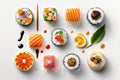 Assorted of Japanese sushi, nigiri and maki pieces isolated on white background. Ai generated art Royalty Free Stock Photo