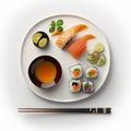 Assorted of Japanese sushi, nigiri and maki pieces isolated on white background. Ai generated art Royalty Free Stock Photo