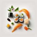 Assorted of Japanese sushi, nigiri and maki pieces isolated on white background. Ai generated art Royalty Free Stock Photo