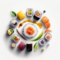 Assorted of Japanese sushi, nigiri and maki pieces isolated on white background. Ai generated art Royalty Free Stock Photo