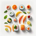 Assorted of Japanese sushi, nigiri and maki pieces isolated on white background. Ai generated art Royalty Free Stock Photo