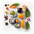 Assorted of Japanese sushi, nigiri and maki pieces isolated on white background. Ai generated art Royalty Free Stock Photo