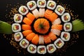 Assorted of Japanese sushi and rolls with salmon and avocado. Royalty Free Stock Photo