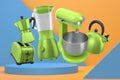 Assorted kitchen appliances including blender, toaster, kettle and coffee maker over podium on abstract background Royalty Free Stock Photo