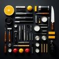 Assorted kitchen tools and ingredients arranged on black background Royalty Free Stock Photo