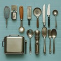 Assorted kitchen utensils and cooking tools arranged on a blue brick background with a metal baking tray Royalty Free Stock Photo