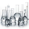 Assorted laboratory glassware against a white background, including Erlenmeyer flas Royalty Free Stock Photo