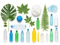 Assorted leaves and plastic bottles isolated on white background Royalty Free Stock Photo