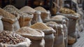 Assorted legumes in burlap sacks at a market. Close-up food photography