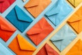Assorted levitating colorful paper envelopes on gradient background with clean, balanced design