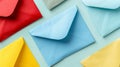 Assorted levitating colorful paper envelopes on gradient background with clean design aesthetic