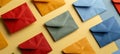 Assorted levitating colorful paper envelopes on gradient background with clean design aesthetic