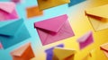 Assorted levitating colorful paper envelopes on gradient background in harmonious display