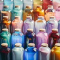 Assorted liquid filled jars arranged in a colorful and eye catching display