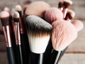 Assorted makeup brushes with copy space, beauty artist workspace, bunch of different brushes on blurred background